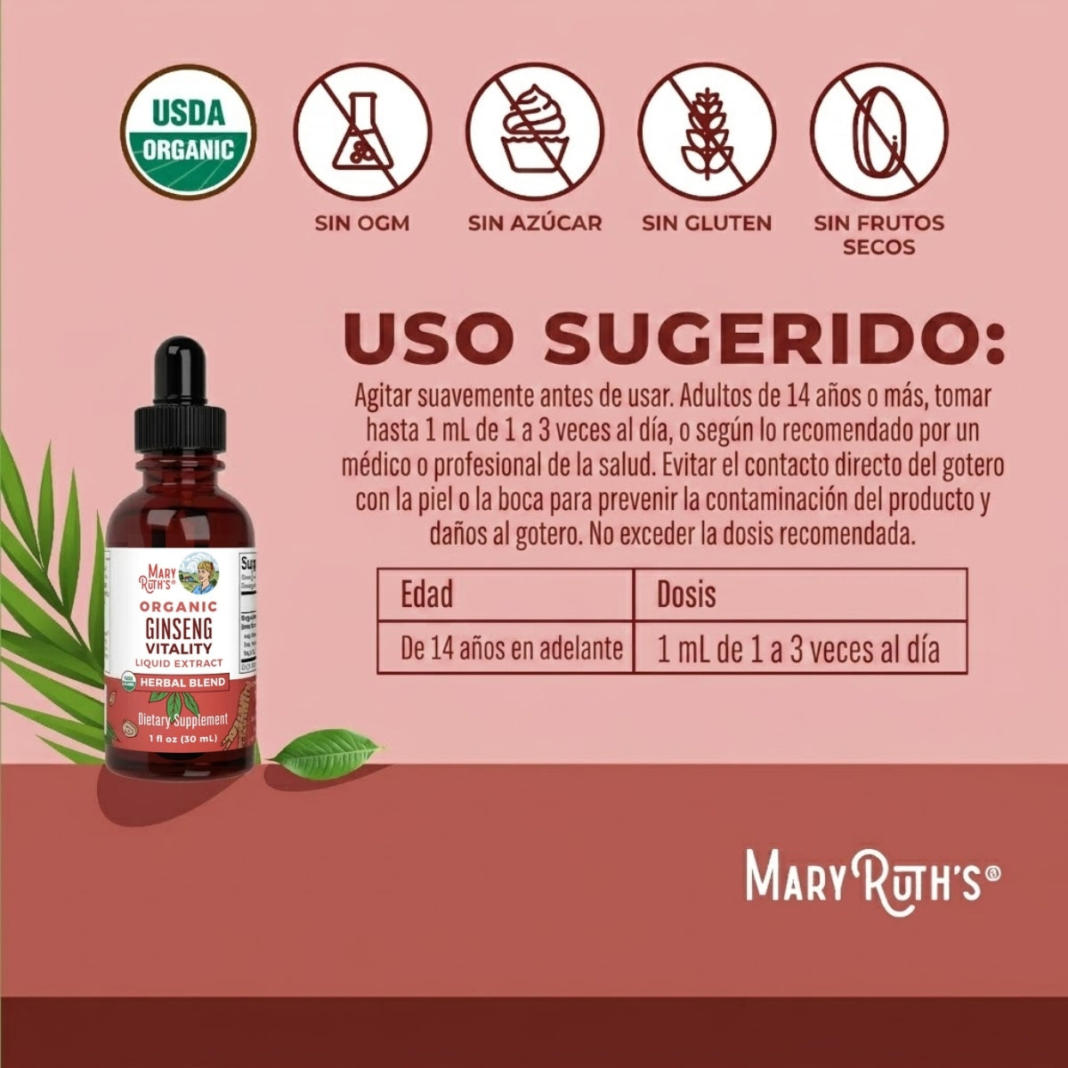 Mezcla de hierbas de vitalidad de ginseng orgánico en gotas (30 ml) / Organic Ginseng Vitality Herbal Blend Liquid Drops (1 oz)