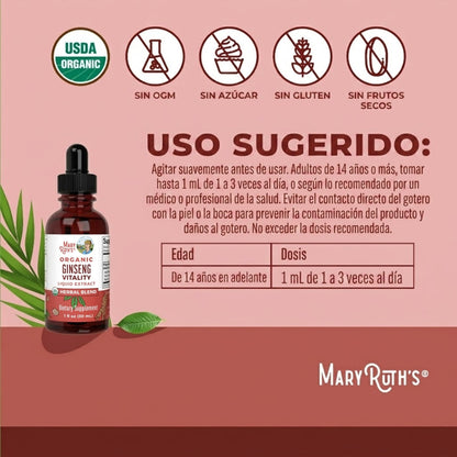 Mezcla de hierbas de vitalidad de ginseng orgánico en gotas (30 ml) / Organic Ginseng Vitality Herbal Blend Liquid Drops (1 oz)