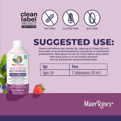 Multimineral Nocturno + Renovacion de Piel Sabor Frutos Rojos, Liquido (15.22oz/450ml), Mary Ruth´s