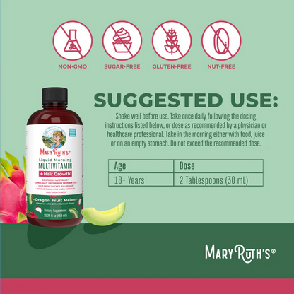 Multivitaminico Matutino + Crecimiento del Cabello Sabor Pitaya-Melon, Liquido (15.22 oz/ 450 ml), Mary Ruth´s