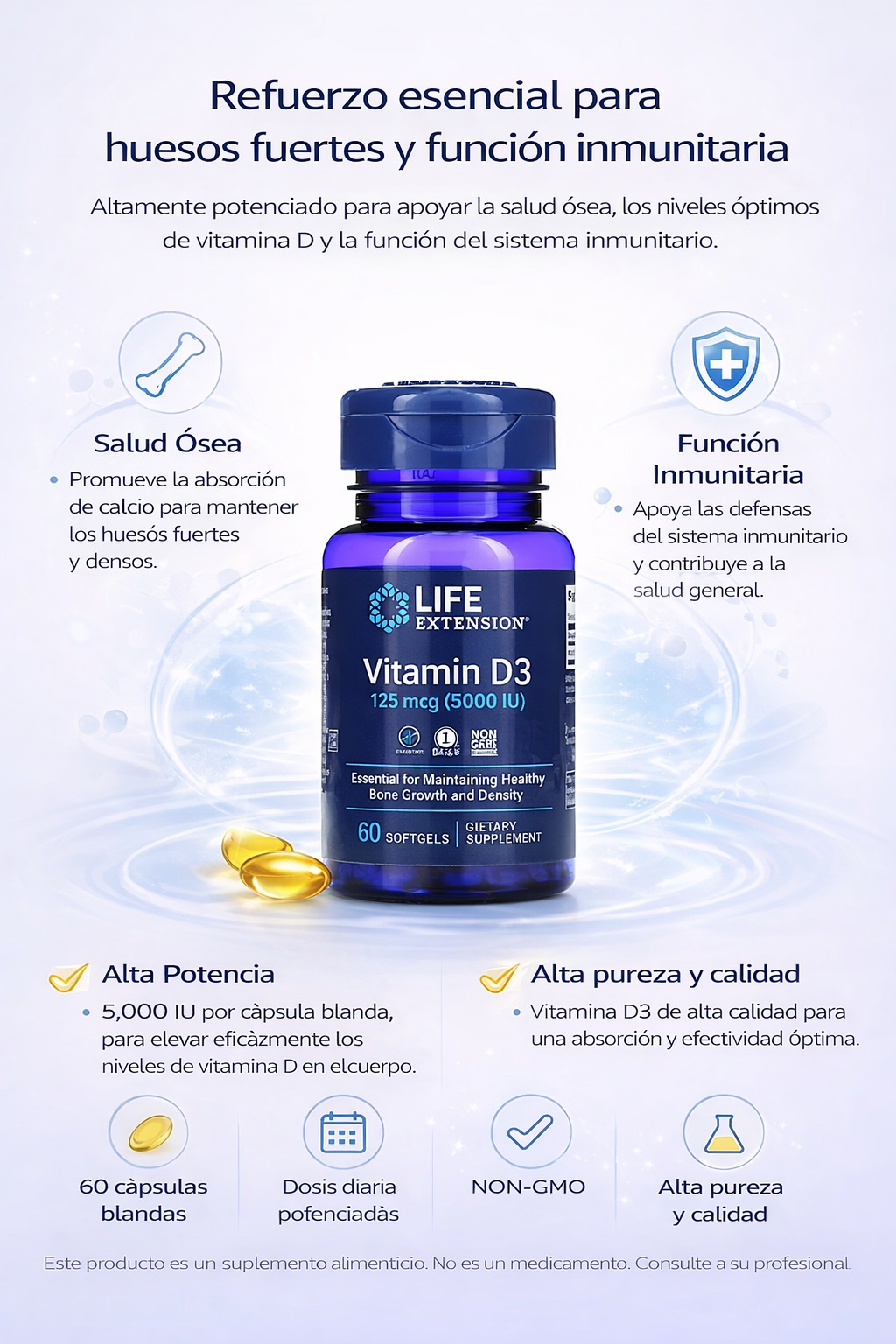 Vitamina D3, 125 mcg (5000 UI), 60 cápsulas blandas / Vitamin D3 125 mcg (5000 IU), 60 softgels