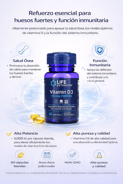 Vitamina D3, 125 mcg (5000 UI), 60 cápsulas blandas / Vitamin D3 125 mcg (5000 IU), 60 softgels