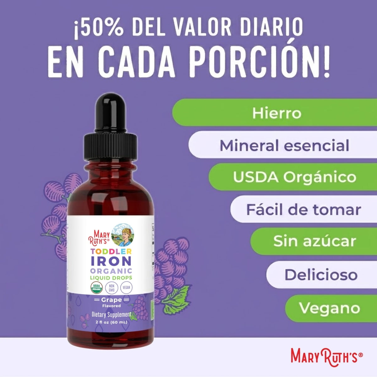 Gotas líquidas orgánicas de hierro para niños pequeños (60ml) / Toddler Iron Drops, Grape, Org, (2oz)