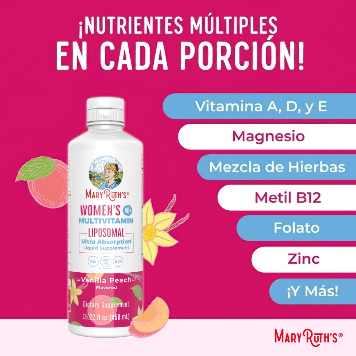 Multivitamínico Liposomal para Mujer 40+ , Vainilla Melocotón, (15.22 oz/450ml), Mary Ruth´s