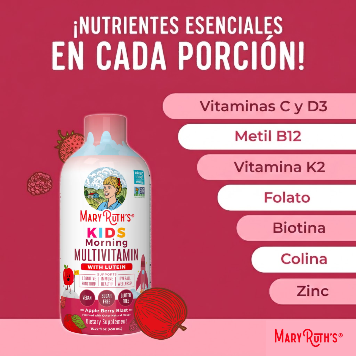 Multivitaminico Matutino para Niños  Liquido Sabor Manzana y Bayas (15.22 fl oz 450 ml), Mary Ruth's