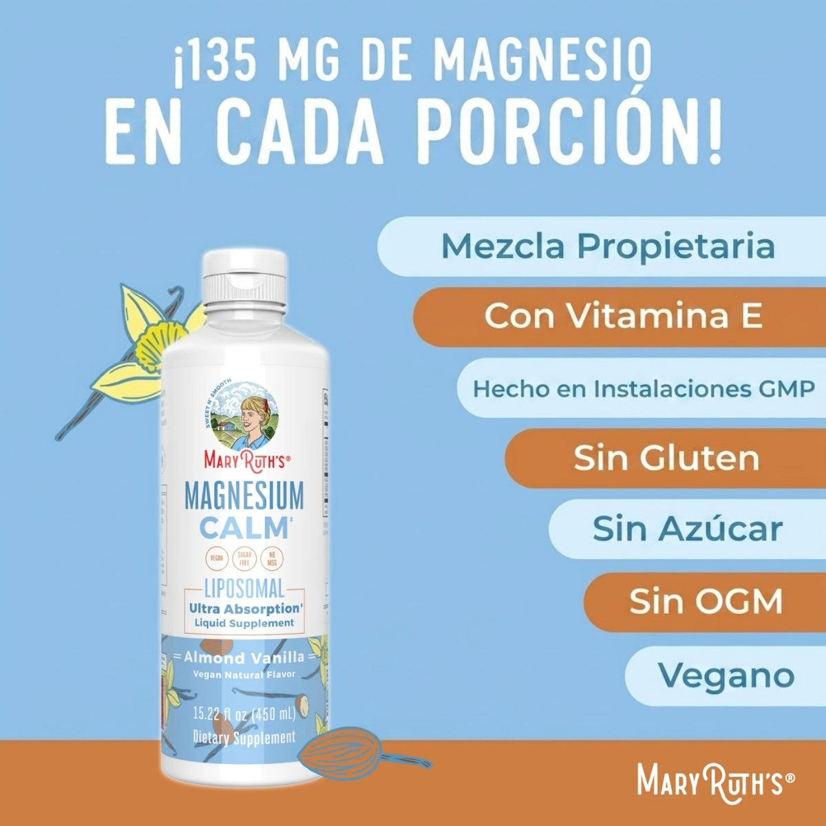 Magnesio Liposomal, Almendra y Vainilla, (15.22 fl oz/450ml), Mary Ruth´s