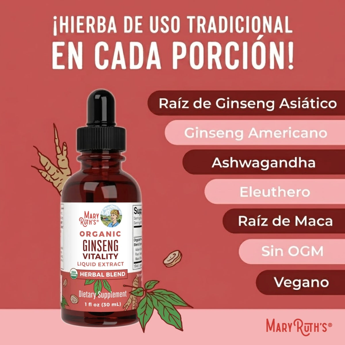 Mezcla de hierbas de vitalidad de ginseng orgánico en gotas (30 ml) / Organic Ginseng Vitality Herbal Blend Liquid Drops (1 oz)