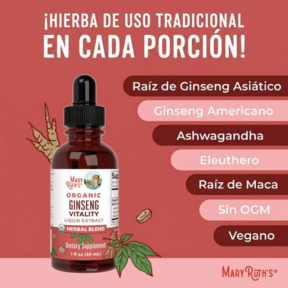 Mezcla de hierbas de vitalidad de ginseng orgánico en gotas (30 ml) / Organic Ginseng Vitality Herbal Blend Liquid Drops (1 oz)