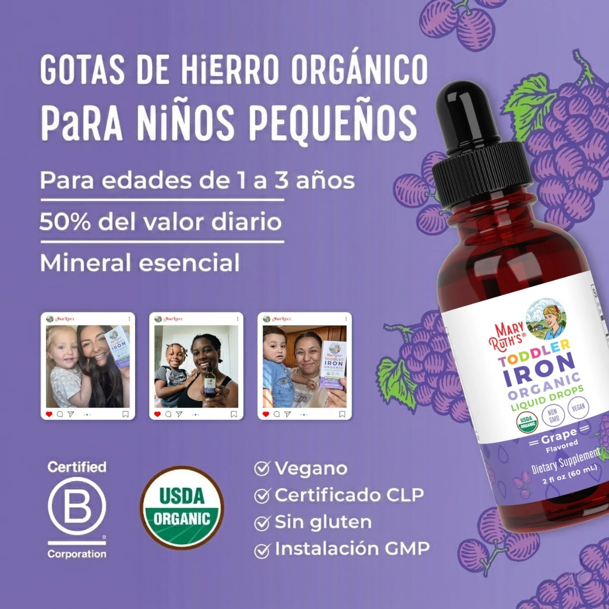 Gotas líquidas orgánicas de hierro para niños pequeños (60ml) / Toddler Iron Drops, Grape, Org, (2oz)