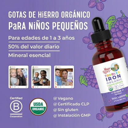 Gotas líquidas orgánicas de hierro para niños pequeños (60ml) / Toddler Iron Drops, Grape, Org, (2oz)