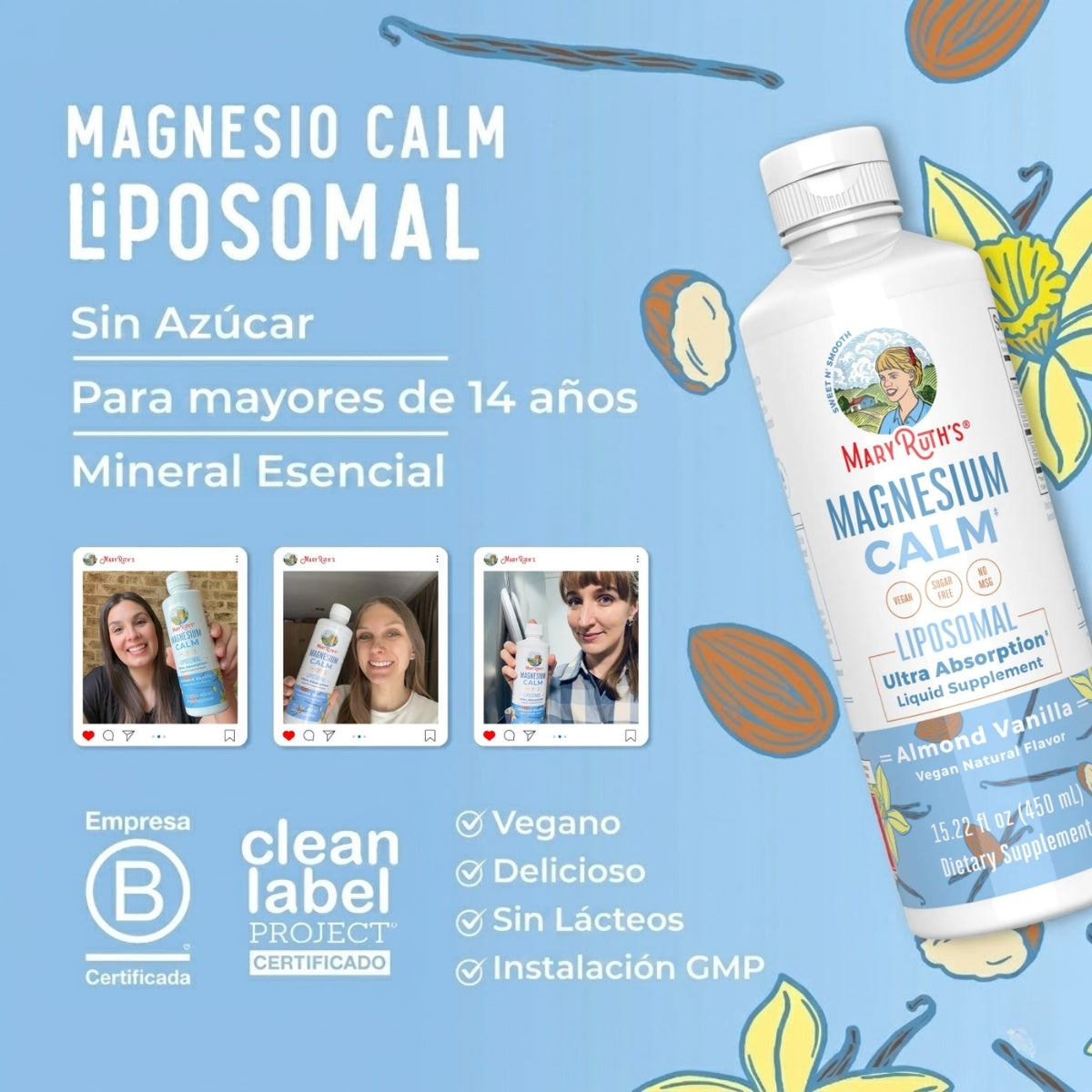 Magnesio Liposomal, Almendra y Vainilla, (15.22 fl oz/450ml), Mary Ruth´s