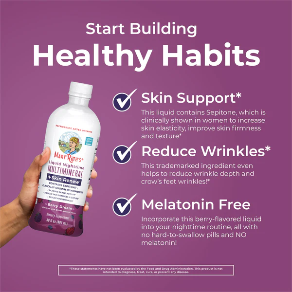 Multimineral Nocturno + Renovacion de Piel Sabor Frutos Rojos, Liquido (30oz/887ml), Mary Ruth´s