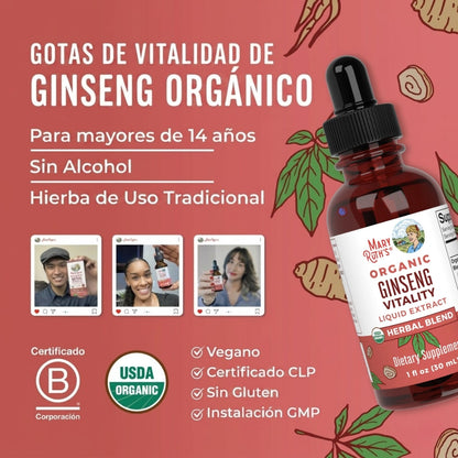 Mezcla de hierbas de vitalidad de ginseng orgánico en gotas (30 ml) / Organic Ginseng Vitality Herbal Blend Liquid Drops (1 oz)
