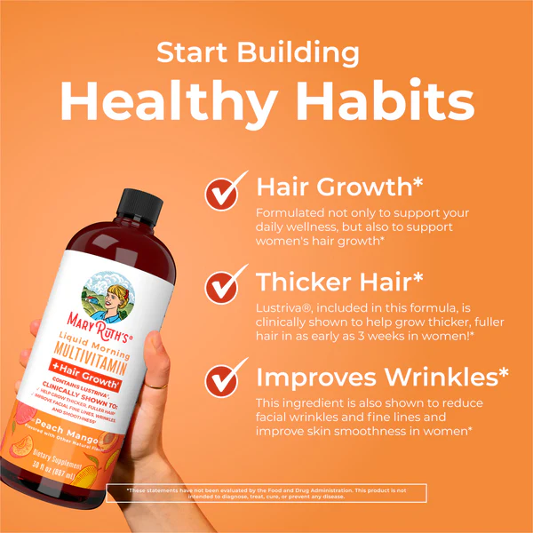 Morning Multivitamin +Hair Growth Liquid, Peach Mango, 15.22 fl oz, Mary Ruth´s