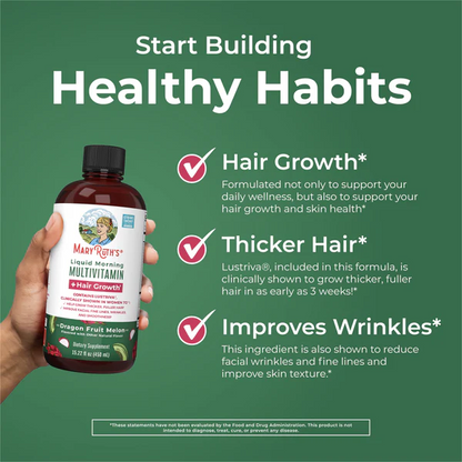 Multivitaminico Matutino + Crecimiento del Cabello Sabor Pitaya-Melon, Liquido (15.22 oz/ 450 ml), Mary Ruth´s
