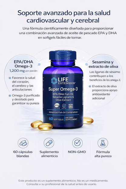 Super Omega-3, EPA/DHA Aceite De Pescado, Lignanos De Sésamo Y Extracto De Oliva (60 softgels), Life Extension