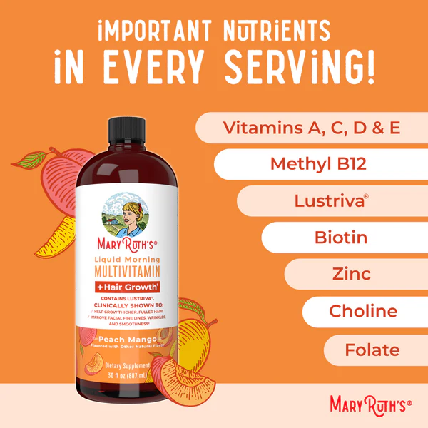 Morning Multivitamin +Hair Growth Liquid, Peach Mango, 15.22 fl oz, Mary Ruth´s
