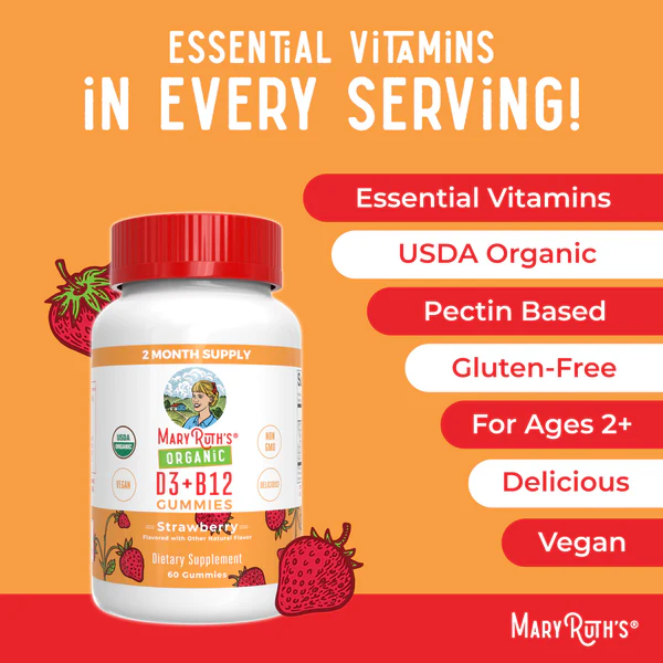 D3+B12 gomitas organicas (60 gomitas) / Vitamin D3+B12 Gummies, Strawberry, Org, 60 ct