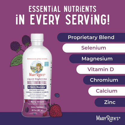 Multimineral Nocturno + Renovacion de Piel Sabor Frutos Rojos, Liquido (30oz/887ml), Mary Ruth´s
