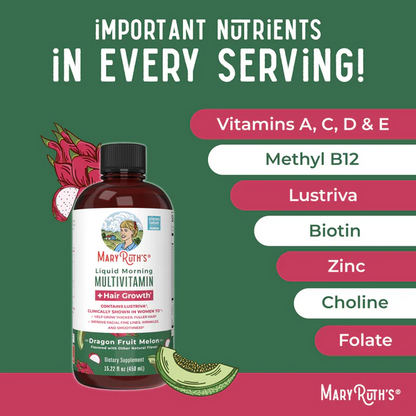 Multivitaminico Matutino + Crecimiento del Cabello Sabor Pitaya-Melon, Liquido (15.22 oz/ 450 ml), Mary Ruth´s