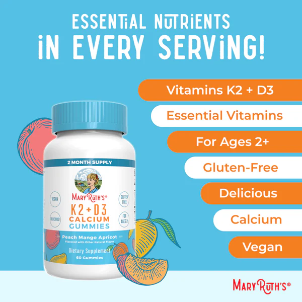 Calcio K2 + D3 en gomitas (60 gomitas) / Vitamin K2+D3 Calcium Gummies, Peach Mango & Apricot, 60 ct