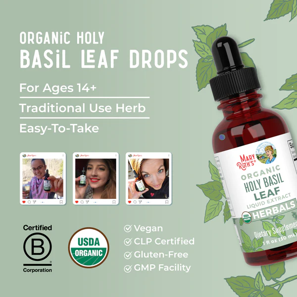 Gotas Líquidas de Hoja de Albahaca Sagrada Orgánica (30ml) / Holy Basil Leaf Drops, (1oz)