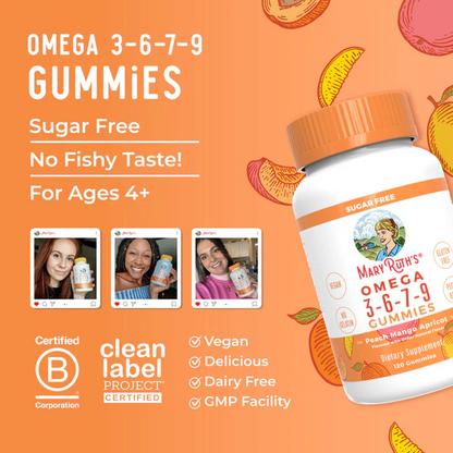 Omega 3-6-7-9 Gomitas 120 unidades / Omega 3-6-7-9 Gummies, Peach Mango & Apricot, 120 ct
