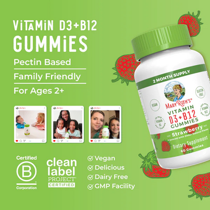 Gomitas D3 + B12 sin azúcar sabor frambuesa (60gomitas) / Sugar-Free D3 + B12 Gummies (Raspberry)
