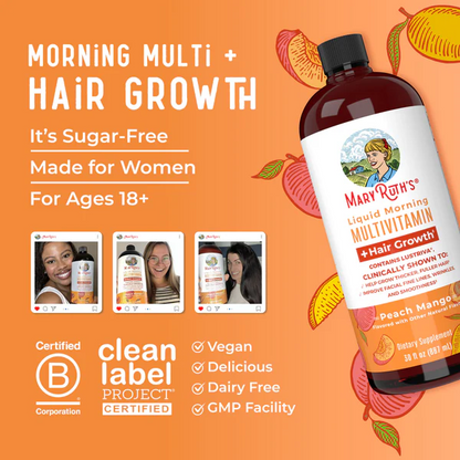 Morning Multivitamin +Hair Growth Liquid, Peach Mango, 15.22 fl oz, Mary Ruth´s