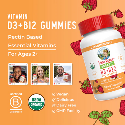 D3+B12 gomitas organicas (60 gomitas) / Vitamin D3+B12 Gummies, Strawberry, Org, 60 ct
