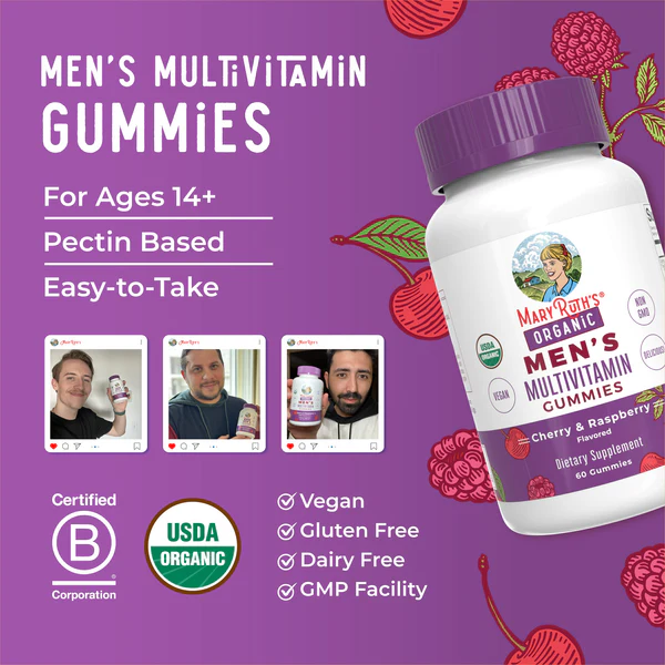 Multivitaminico orgánico para hombres (60gomitas) / Men's Multivitamin Gummies, Cherry & Raspberry, Org, (60ct)