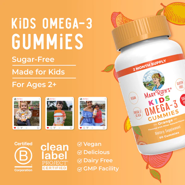 Gomitas veganas Omega-3 para niños (60gomitas) / Kids Omega 3 Gummies, Orange, 60 ct