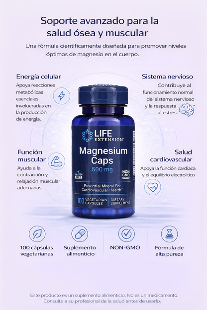 Magnesio en capsulas 500 mg (100vcaps) /  Magnesium Caps 500mg (100vcaps)
