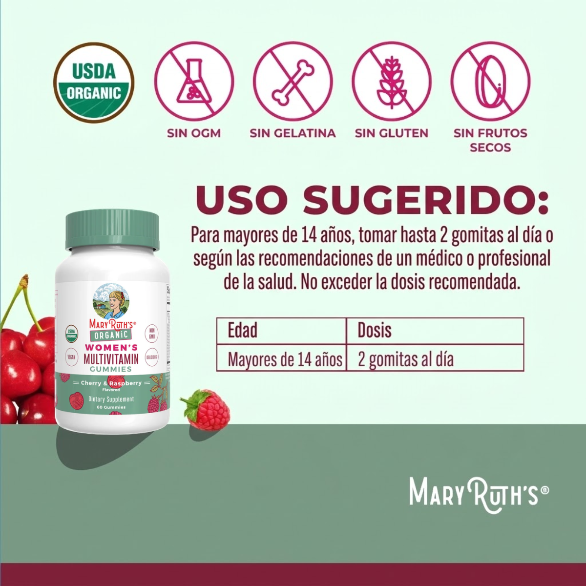 Gomitas multivitamínicas orgánicas para mujeres (60gomitas) / Women's Multivitamin Gummies, Cherry & Raspberry, Org, (60ct)