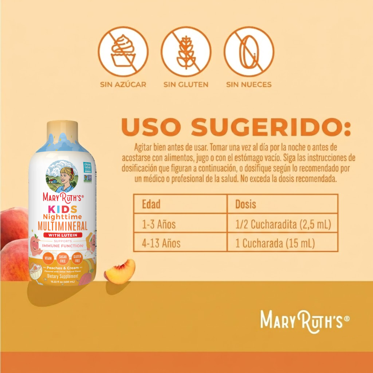 Multimineral Nocturno para Niños Sabor Durazno Cremoso, Liquido (15.22 fl oz 450 ml), Mary Ruth's