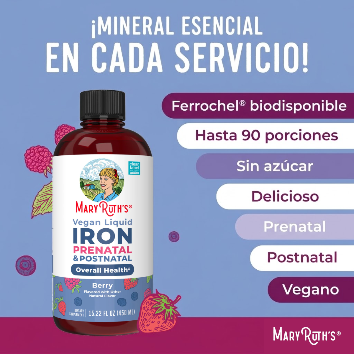Hierro líquido prenatal y posnatal (473ml) / Prenatal Postnatal Iron Liquid, Berry (16oz)