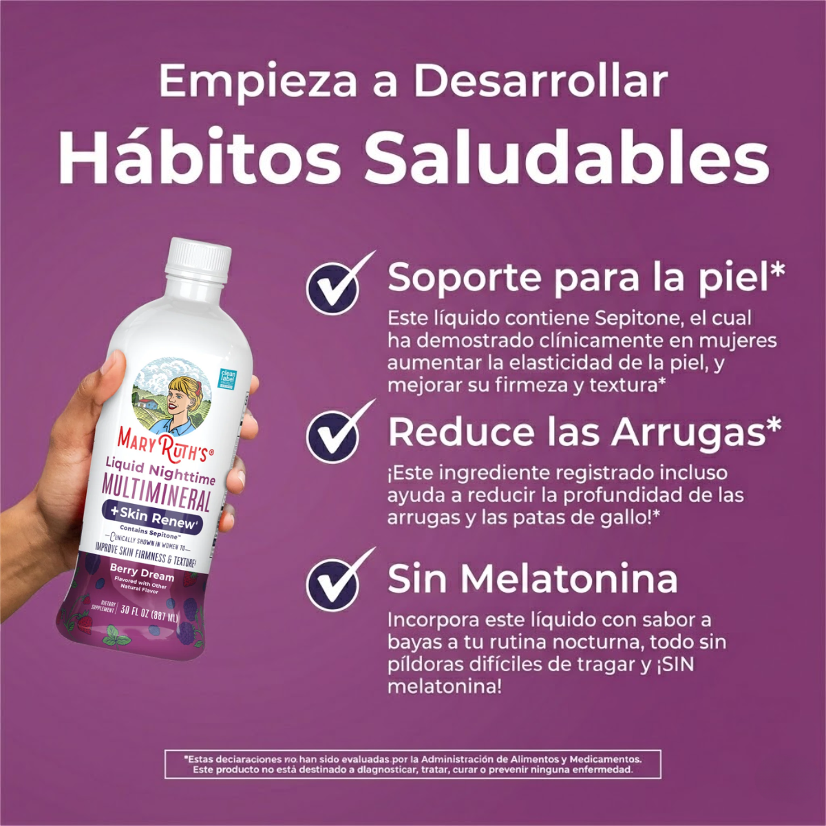 Multimineral Nocturno + Renovacion de Piel Sabor Frutos Rojos, Liquido (30oz/887ml), Mary Ruth´s