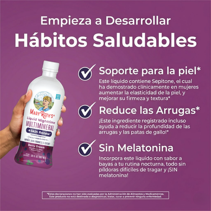 Multimineral Nocturno + Renovacion de Piel Sabor Frutos Rojos, Liquido (30oz/887ml), Mary Ruth´s