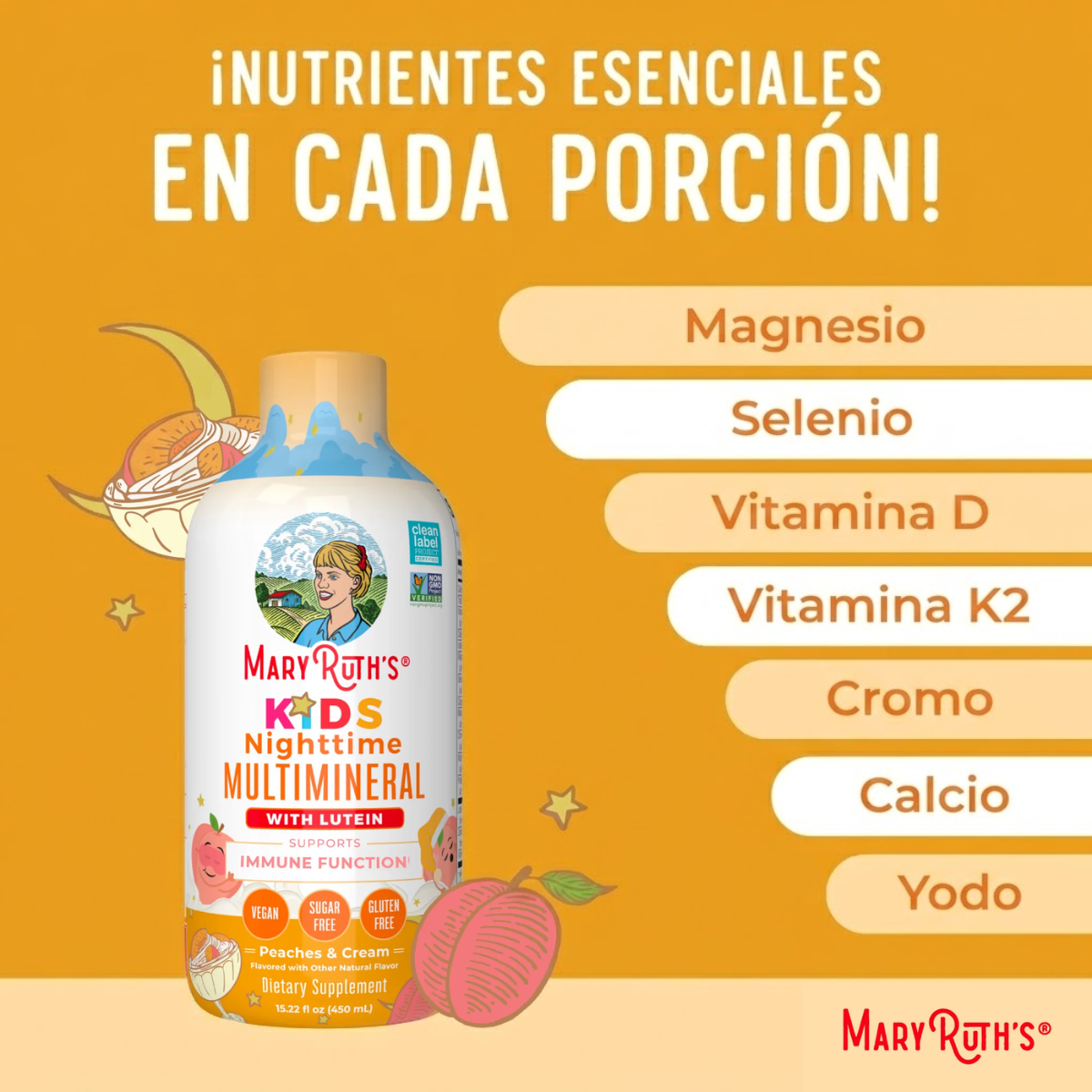 Multimineral Nocturno para Niños Sabor Durazno Cremoso, Liquido (15.22 fl oz 450 ml), Mary Ruth's