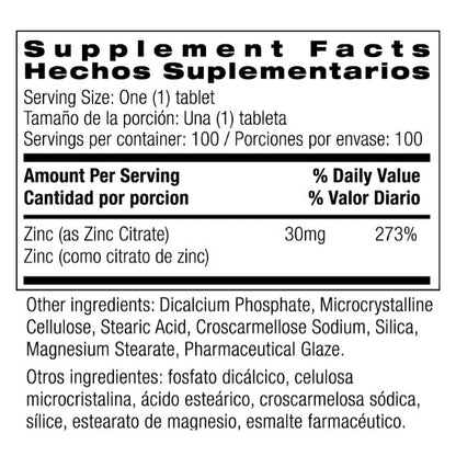Citrato De Zinc 30 Mg, (100 Tabletas), Bio Nutrition