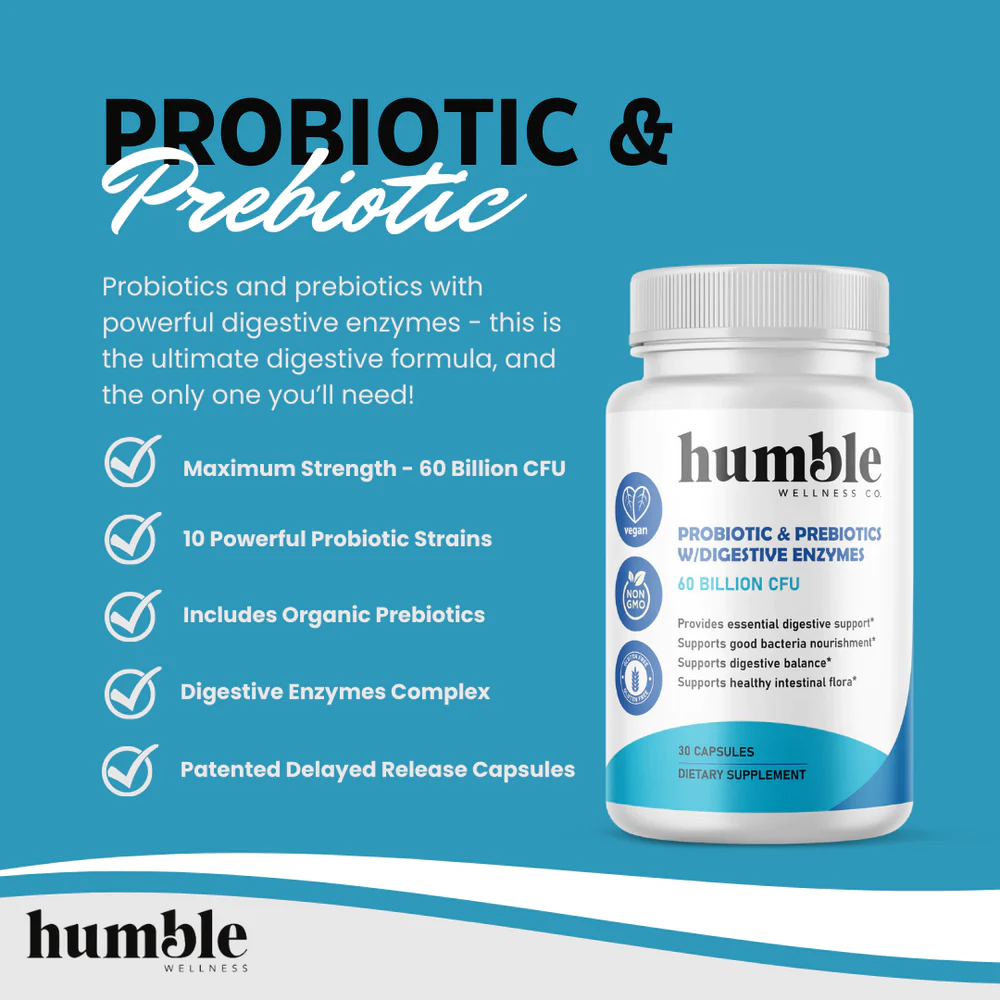 OFERTA 25% Probiotico 60 billions + Prebiotico de Maxima Fuerza con Enzimas Digestivas 10 cepas (30 caps), Humble
