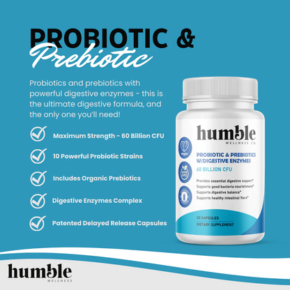 OFERTA 25% Probiotico 60 billions + Prebiotico de Maxima Fuerza con Enzimas Digestivas 10 cepas (30 caps), Humble