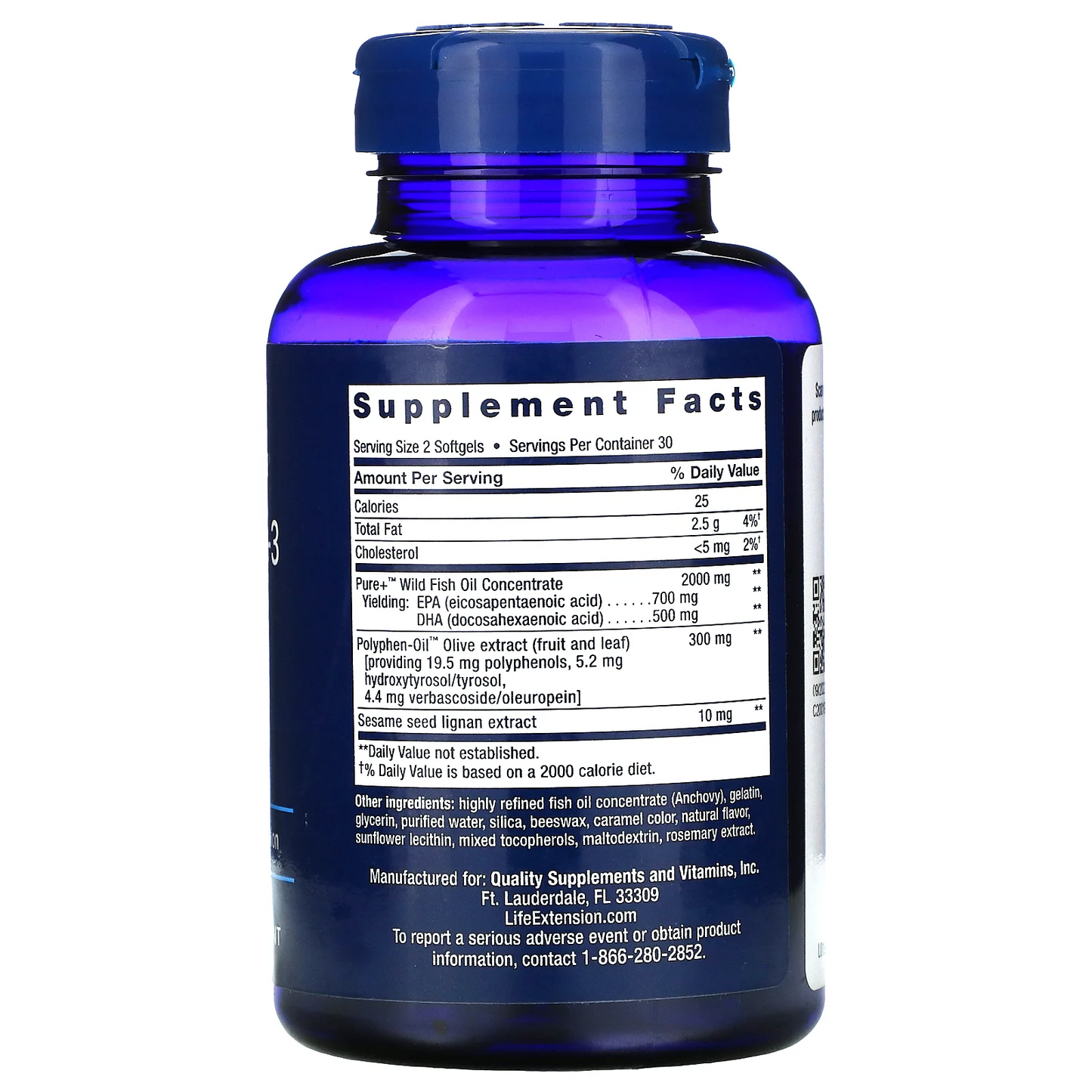 Super Omega-3, EPA/DHA Aceite De Pescado, Lignanos De Sésamo Y Extracto De Oliva (60 softgels), Life Extension
