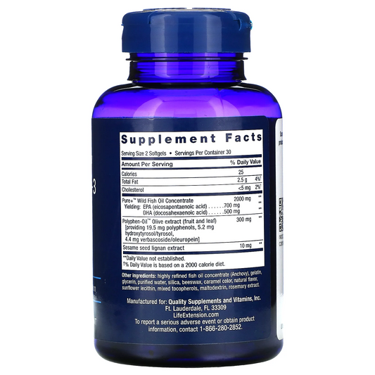 Super Omega-3, EPA/DHA Aceite De Pescado, Lignanos De Sésamo Y Extracto De Oliva (60 softgels), Life Extension