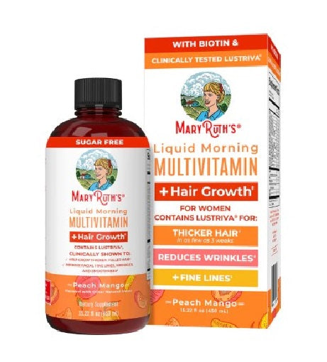 Morning Multivitamin +Hair Growth Liquid, Peach Mango, 15.22 fl oz, Mary Ruth´s