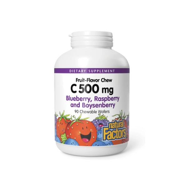 Vitamina C 500 mg Sabor a Fruta Masticable– Mora Azul, Frambuesas & Arándanos 90 tab, Natural Factors