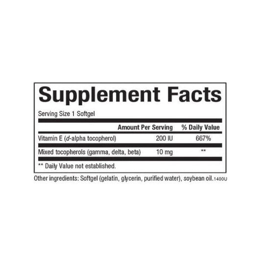 Vitamina E 134 mg (200 IU) (d-alpha tocopherol) w/ 10 mg mezcla de tocoferoles 90 sg, Natural Factors