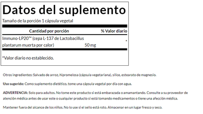 Immunobiotic Immuno-LP20 50mg (30 vcaps) Lactobacilus Probiotico.
