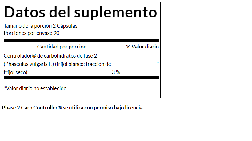 Regulador de carbohidratos Fase 2-Extracto de frijoles bl 500mg (180 caps) / White Kidney Bean Extract 500mg (180 caps)