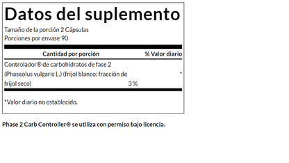 Regulador de carbohidratos Fase 2-Extracto de frijoles bl 500mg (180 caps) / White Kidney Bean Extract 500mg (180 caps)